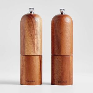 NEW Crate & Barrel Tondo Acacia Salt & Pepper Mills, Set of 2
